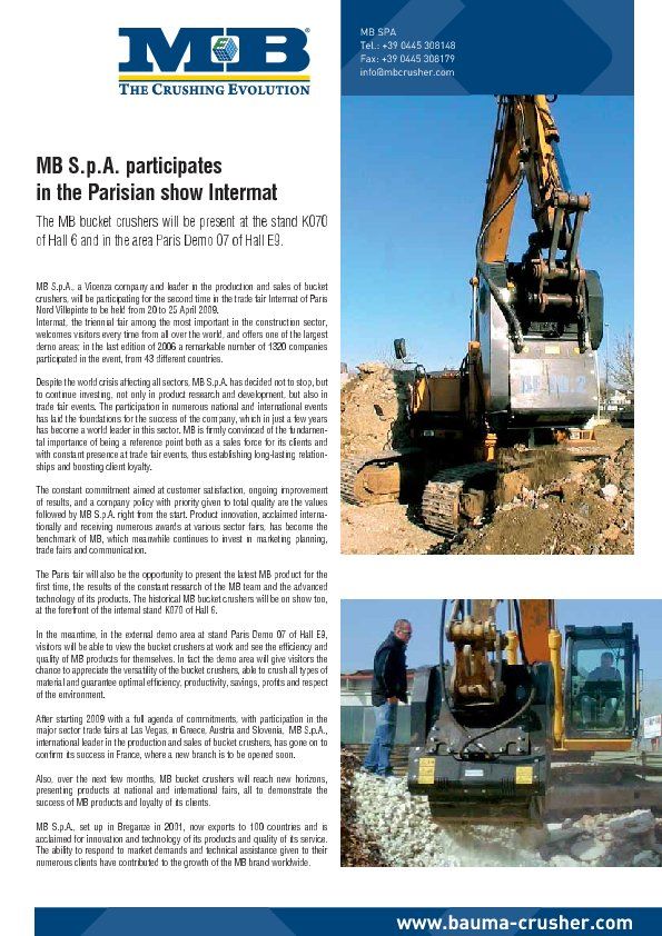  - MB S.p.A. participates in the Parisian show Intermat