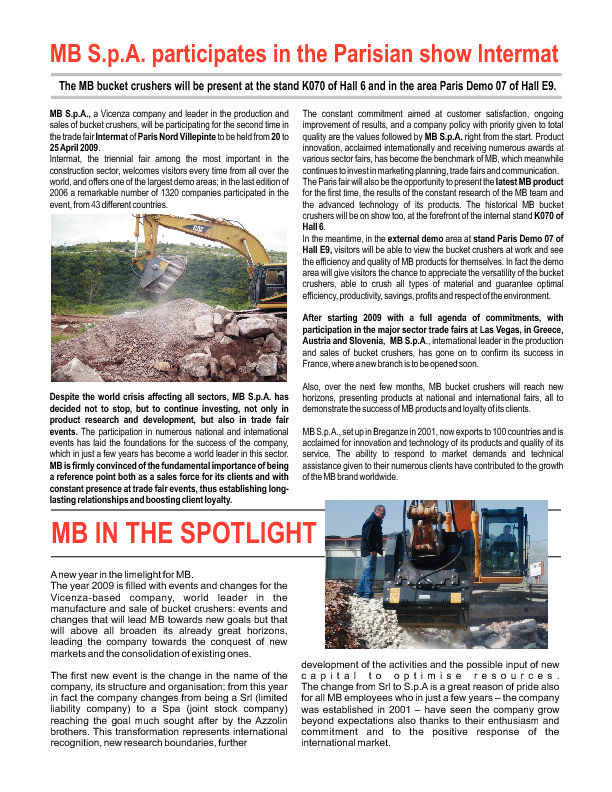  - MB S.p.A. participates in the Parisian show Intermat