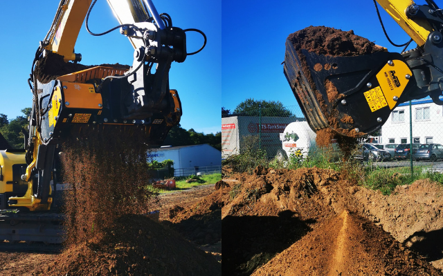 Schaufelseparator MB-HDS212 mit den RQ20 Siebwellen an Wacker Neuson ET65 / Terex TW70 Mobilbagger bereitet Boden auf
