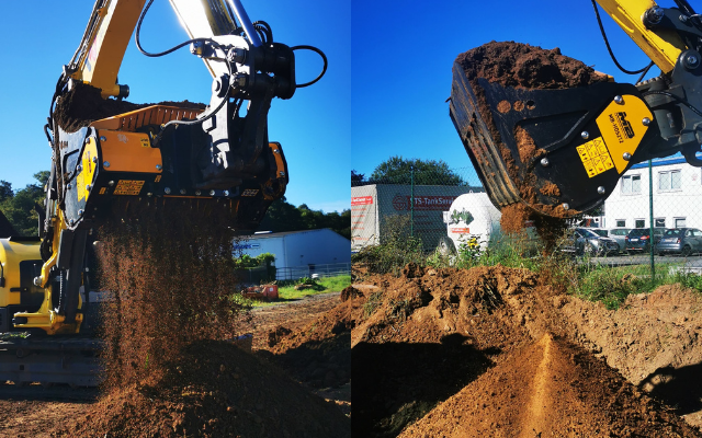 Schaufelseparator MB-HDS212  mit den RQ20 Siebwellen an  Wacker Neuson ET65  / Terex TW70 Mobilbagger bereitet Boden auf