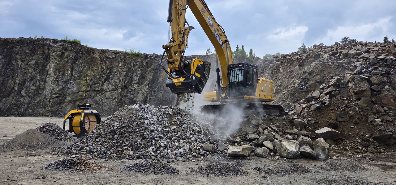 MB Crusher jaw crusher processing excavated granite and basalt on-site for Canadian energy and pipeline infrastructure projects.