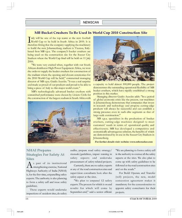  - MB Bucket Crushers To Be Used In World Cup 2010 Construction Site