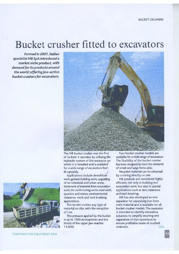  - Bucket crusher fitted to excavators