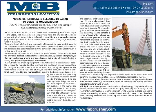 MB’s CRUSHER BUCKETS SELECTED BY JAPAN TO BUILD ITS UNDERGROUND