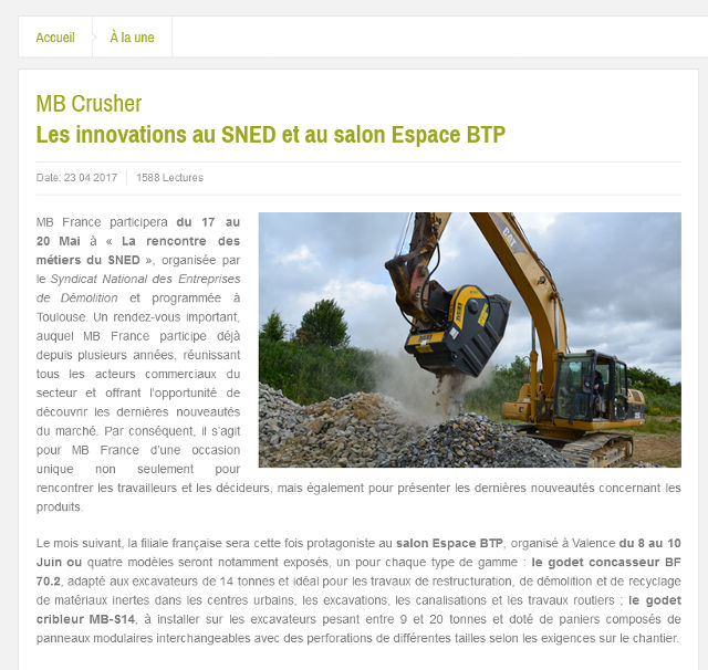  - MB Crusher : les innovations au SNED et au salon Espace BTP