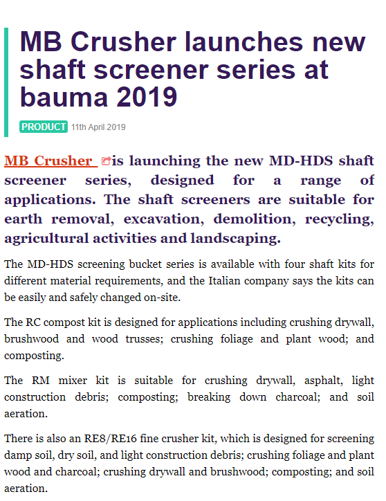  - MB Crusher launches new shaft screener series at Bauma 2019