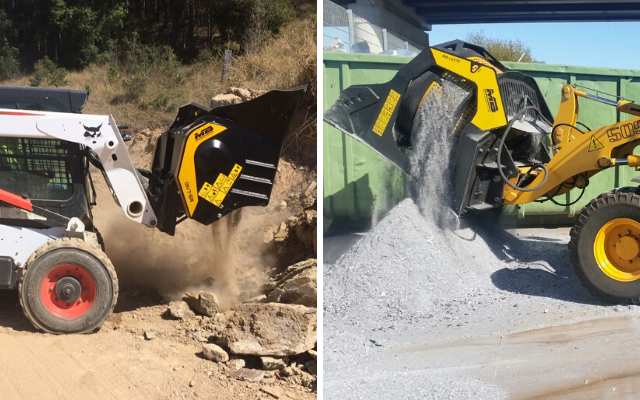 A MB Crusher projetou e construiu máquinas capazes de transformar carregadeiras, minicarregadeiras e retroescavadeiras em verdadeiras unidades móveis de britagem e peneiramento.