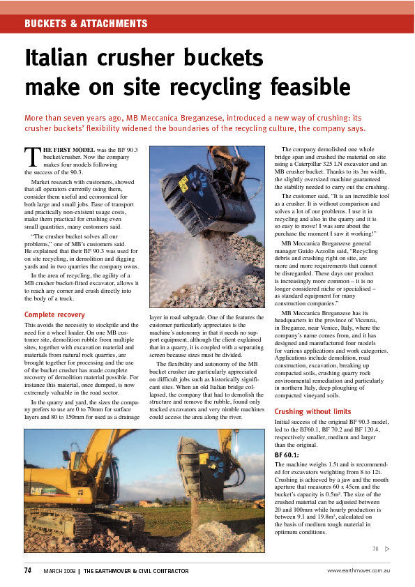  - Italian crusher buckets make on site recycling feasible